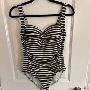 Nip Tuck Swim Swimsuit Size 8 Padded Multi Fit Cup Striped Black Ivory Gold